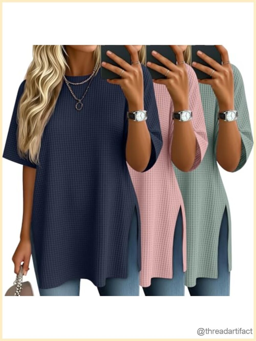 3 Pack Women's Oversized Waffle Knit Short Sleeve Tops Side Split Crewneck